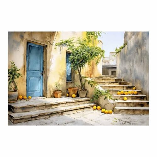Tableau decoratif sur toile aquarelle avec porte bleue et citronnier jaune 70x100cm pour chambre