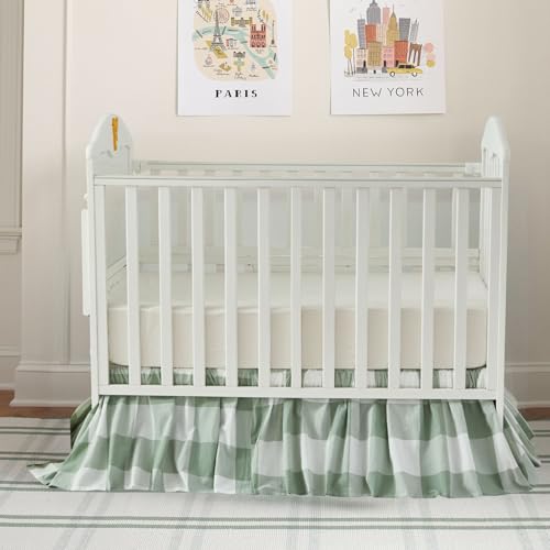Image of Brandream Gingham Gathered Crib Skirt, Baby Boy, Baby Girl, Gender Neutral Crib Skirt, 100% Cotton, 4-Sided, Green Buffalo Plaid Toddler Bedskirt Farmhouse Chic Nursery Crib Bed Skirt Dust Ruffle