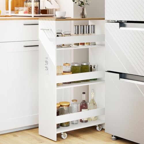 KOMFOTTEU Carro de Cocina de 4 Niveles, Carrito Auxiliar con Estación de Carga, Carrito Estrecho Ahorra Espacio con 4 Ruedas, Mueble de Almacenaje para Baño (Blanco y Natural, 47,5 x 20 x 80,5 cm) - imagen 2