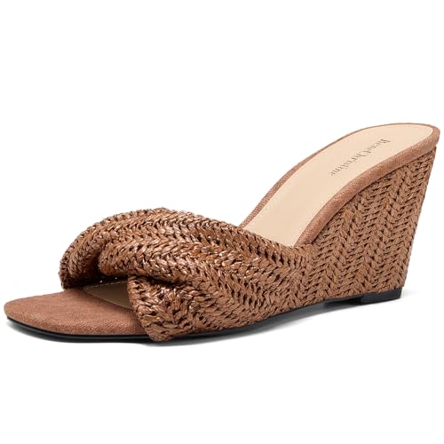 Image of Women's Wedges Heeled Slippers Fabric Heels Slip on Comfy Evening Dress Woven Sandals Square Toe Shoes for Women 3.3 inch Heels
