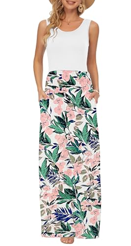 AUSELILY Summer Dresses for Women Casual Sleeveless Ladies Maxi Dress Long with Pockets Floral Pink Green XL