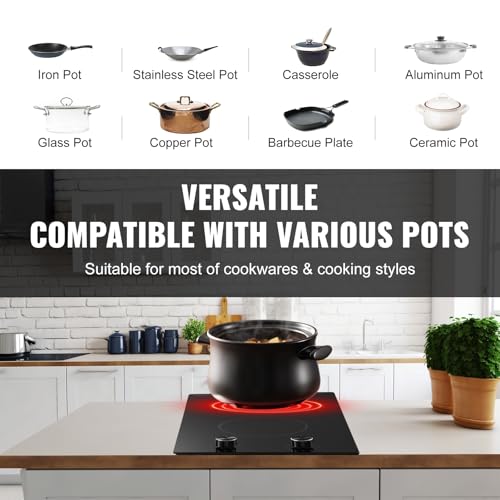 Image of VEVOR Electric Cooktop, 12 inch 2 Burners Built-in Electric Stove Top, 3000W Ceramic Top Radiant Cooktop, with 11 Heat Levels, Glass Panel, Knob Control, 220-240V, Hard Wire (No Plug)