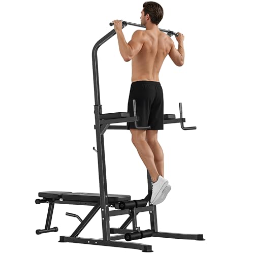 HOMCOM Multifunction Power Tower w/Bench Home Workout Dip Station Push-up Bars Fitness Equipment Office Gym Training