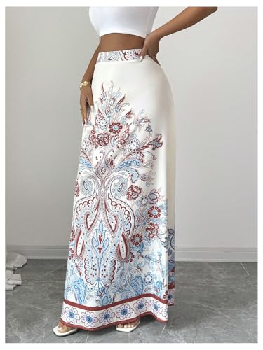 MakeMeChic Women's Floral Maxi Skirt Paisley Print High Waist Flare Hem Country Boho Skirts2