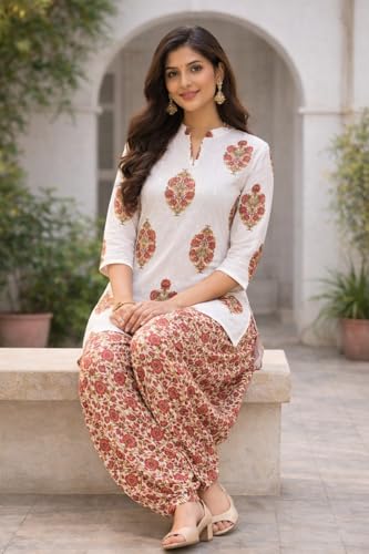 Image of Women's Cotton Floral Print Kurta Patiala Pant Set, White and Purple Traditional Indian Ethnic Wear with Damask Pattern