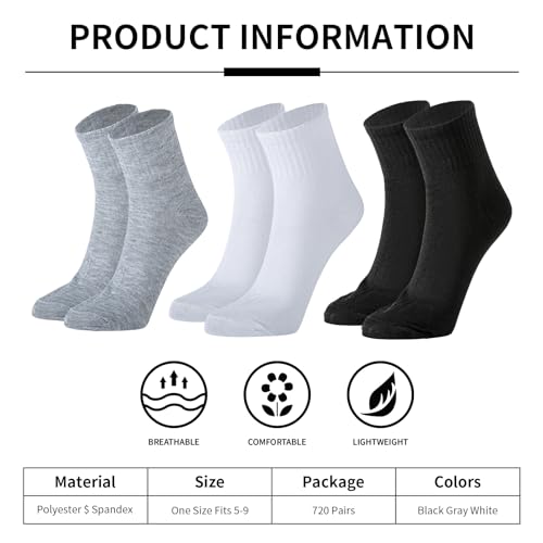 720 Pairs Mens Quarter Ankle Socks Bulk Pack Casual Sports Socks Athletic Moisture Socks for Homeless Men Women2