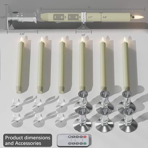 Image of PrettyCare Set of 6 Flameless Battery Powered Ivory Taper Window Candles with Remote & Timer, Removable Holders, Suction Cups - Christmas Decorations