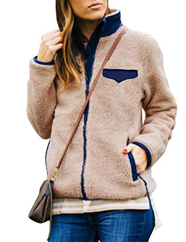 MEROKEETY Womens Long Sleeve Full Zip Sherpa Jackets Patchwork Fleece Coat with Zipper Pockets