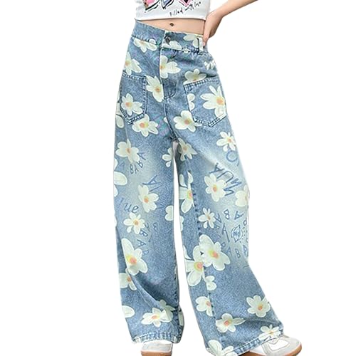 Girls Cargo Jeans Wide Leg Loose Kids Denim Pants with Pockets Casual Elastic High Waist Trousers Trendy Jogger Sweatpants