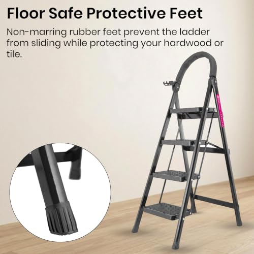 Image of Casa Copenhagen Black 4 Step Ladder for Home Use with Built-in Tool Tray | Heavy Duty D Shape Rods | Ultra Large Platform | Wide Rubber Feet | 150Kg Capacity Foldable Ladder - 7 Years Warranty