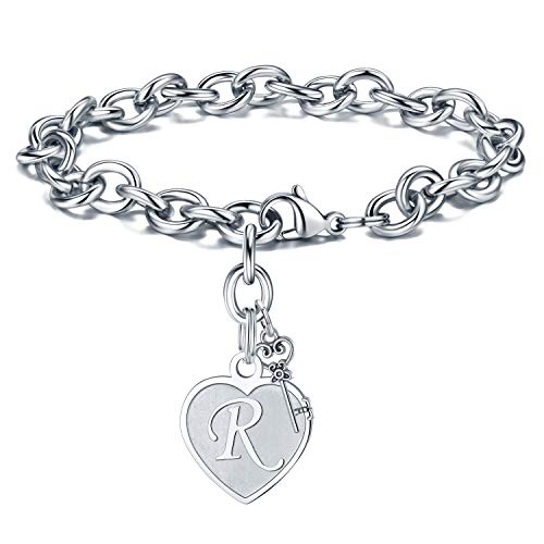 Initial Bracelets Valentines Gifts - Engraved R Initial Charm Bracelet Stainless Steel Handmade Dainty Heart Letters Bracelet Womens Valentines Day Birthday Jewelry Gifts for Women Teen Girls