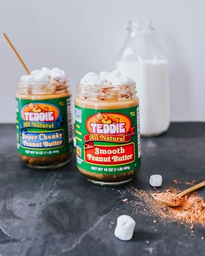 Teddie All Natural Smooth Peanut Butter, Gluten Free & Vegan, Plastic Jar (26 Ounce (Pack of 6))