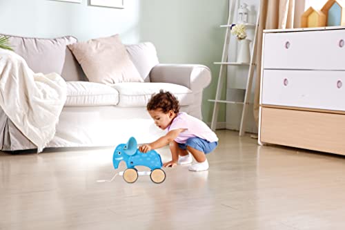 Image of Hape: Pull Along - Elephant - Blue - Wooden Animal Toy, Rubber Rimmed Wheels, Encourages Walking, Push & String Pull, Kids, Baby & Toddler, Age 12 mo+