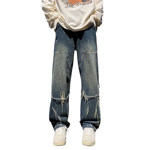Baggy Jeans Men Zipper Emo Y2k Jeans Men Tie Dye Streetwear Relaxed Fit Wide Leg Denim Pants with Metal Chain