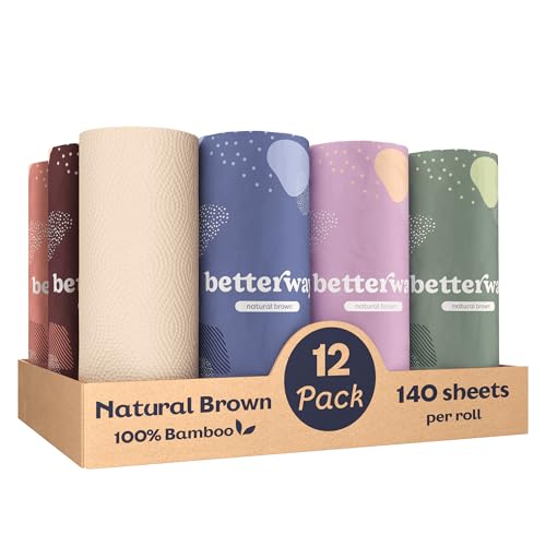 Image of Betterway Bamboo Paper Towels 12 Pack - Unbleached, Non Toxic, PFAS Free - 140 Sheets /Roll, 2-Ply, No Plastic, No Dyes, Eco Friendly, Compostable, Sustainable, FSC Certified, Natural Brown