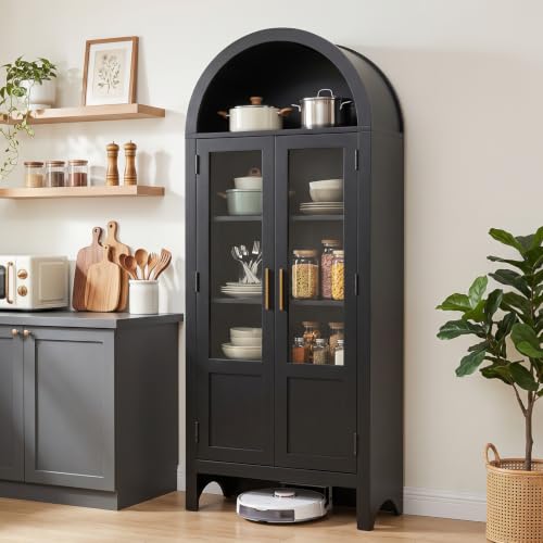 Image of Arched Storage Cabinet with 2 Doors and 5-Tier Shelves for Living Room, 71 inch Tall Wooden Pantry Cabinet for Dining Room and Kitchen, Floor Bathroom Organizer, Black