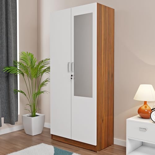 Image of VIKI Wardrobe | Batanes Wardrobe | Wooden Almirah for 2 Door Wardrobe with 2 Shelves & Hanging Space with Mirror (Walnut|White - 40D x 80W x 180.8H) | 1 Year Warranty | Free Assembly