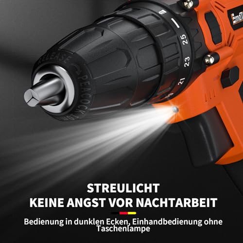 21V Akku Bohrschrauber Set mit 1 Akkus 1,5Ah, Orange Akku Bohrmaschine Set für Bohrwände, Holz, Metall, Akkubohrer 45Nm 25+1 Drehmomentstufen, LED und Koffer, 2-Gang, 29 Stück Zubehör – Bild 6