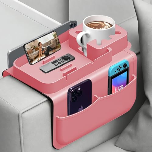LEBREARY Silicone Couch Cup Holder Tray with Tablet & Phone Stand, Anti-Slip Sofa Arm Organizer with Dual Side Pockets for Remotes, Snacks, Headphones, Glasses, Drinks (Pink)