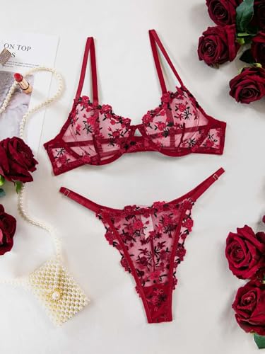 Image of Lilosy Sexy Floral Embroidered Mesh Sheer Underwire Lingerie Set