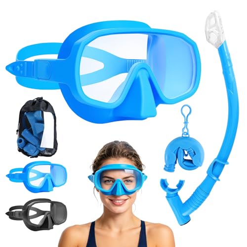 Set De Snorkel Pgtc para Adultos,MáScara Sin Marco con VisióN PanoráMica,Lente de Vidrio Templado Antivaho,Silicona de Grado Alimenticio Tubo Seco Plegable,Equipo PortáTil de Viaje con Bolsa(Azul)