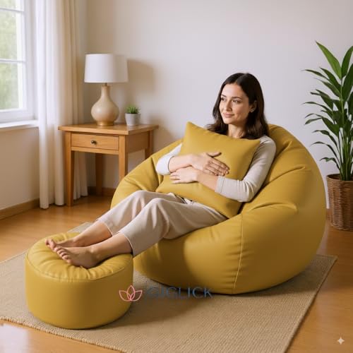 Image of 4XL Bean Bag Cover with Foot Stool & Cushion Cover | Premium PVC Leatherette | Double Stitched | 6 Months Warranty (Beans Required) Color- (Yellow)