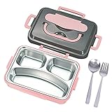 Hwagui - Bento Box, Lunch Box For Kids And Adults, Stainless Steel Bento Fresh Lunch Box, 3 Compartments Food Container With Spoon And Fork, Pink Bento Box