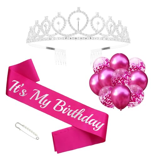 MSFLORAL It's My Birthday Sash and Rhinestone Tiara Kit, Silver Letter Hot Pink Birthday Sash Balloons Crystal Silver Tiara Crowns for Women Birthday Gift Ideas Party Decorations