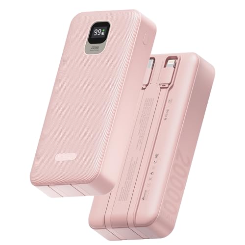 Basike Power Bank, Carregador Portátil Universal 20000mAh, USB-A(até 22.5W)+USB-C(até PD20W), com 2 Cabos Integrados (USB-C, Lightning) Carregamento Rápido (Rosa)