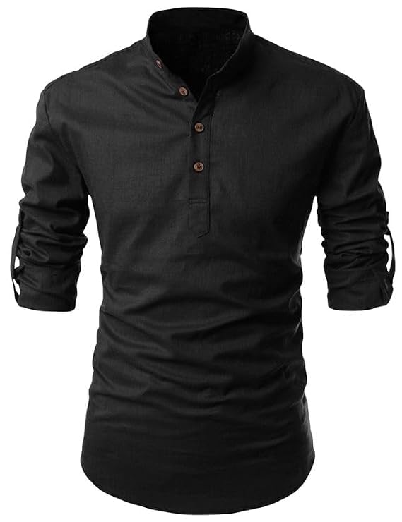 Image of Fifth U Men's Cotton Polyester Blend Solid Mandarin Collar Self Design Full Sleeve Casual Short Kurta