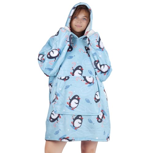 Queenshin Pingüino Azul Sudadera Manta con Capucha y Bolsillo Mujer Hombre Regalo, Oversize Batamanta Hoodie Poncho Sherpa Suave y Acogedora, Talla Única