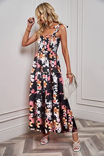 Image of kinstell Women's Summer Boho Spaghetti Strap Square Neck Ruffle Casual Flowy Long Dress Beach Swing Party Maxi Dress