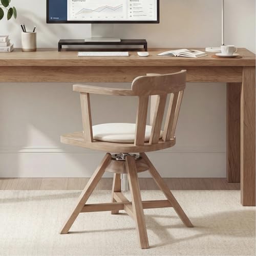 Image of Zesthouse Solid Wood Home Office Desk Chair with Arms, Vintage Office Chair with Adjustable Height & Slatted Back, Heavy Duty Swivel Desk Chair No Wheels, Antique Brown Finish+White Linen Cushion