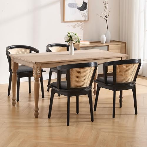 Image of BESTANO Black Rattan Dining Chairs Set of 4, Mid Century Modern Farmhouse Wood Dining Room Chairs, Upholstered Comfortable Kitchen Dining Side Chair with Cane Woven Back, Charcoal Linen