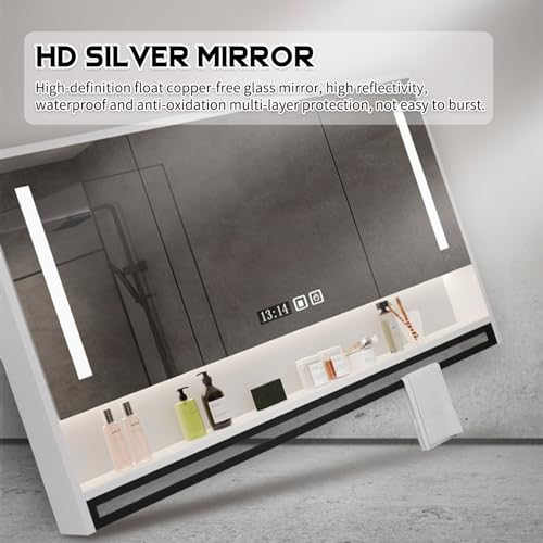 FVTVHEV Bathroom Mirror 3 Doors Bathroom Mirror Cabinet With LED Lights Wall Mounted Bathroom Cabinet With Adjustable Storage Shelves Sensor Touch Mirror Cabinet For Bathroom Room With Towel Rack (Co