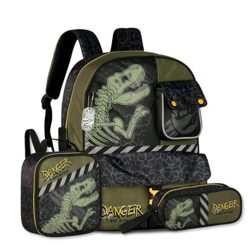 Kit Mochila Costas com Lancheira Térmica e Estojo Escolar Infantil Dinossauro T-Rex