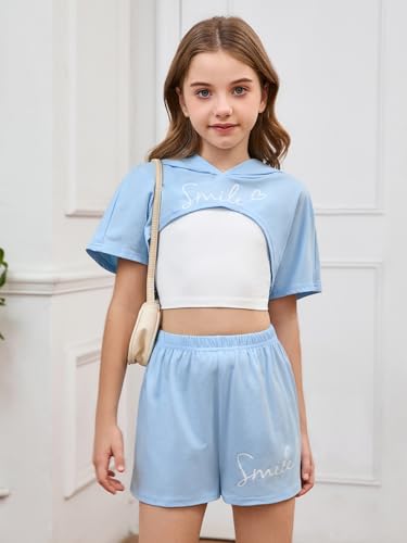 Image of SweatyRocks Girl's 3 Piece Outfits Letter Print Short Sleeve Hooded Tops and Cami Tops with Shorts Set
