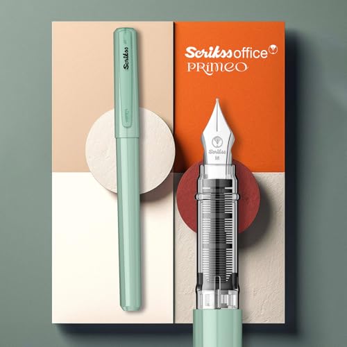 Image of Scrikss Primeo Medium Nib Fountain Pen | 3 Cartridges Included | Stainless Steel Nib & ABS Body | Mint | in Blister Pack