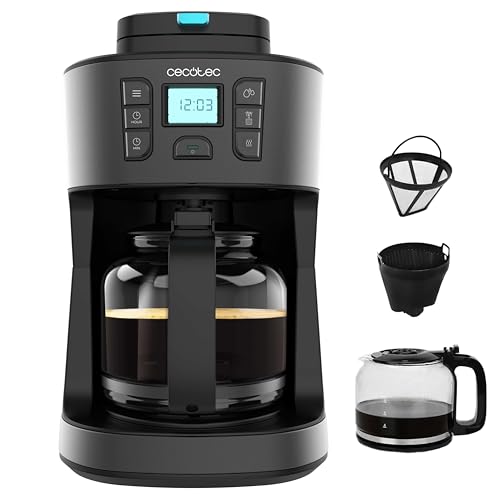 Cecotec Cafetera de Goteo Coffee 66 Grind & Drop Essential. 1086W, Molinillo de Cuchillas, Hasta 12 Tazas, Tecnología Extremearoma, Cafetera de Goteo Digital, Acero Inoxidable, Apagado Automático