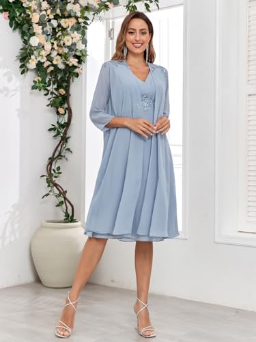 BANTRATIC 2 Pieces Mother of The Bride Dresses for Wedding Chiffon V Neck 3/4 Sleeves Short Formal Party Gown with Jacket2