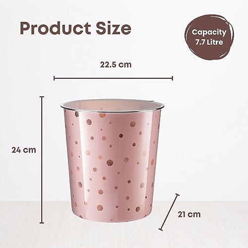 Homeshopa Plastic Waste Paper Basket Bin, Round Wastebasket Trash Can, Lightweight Recycling Rubbish Bin for Home Office Kitchen Bedroom, Garbage Container Dustbin, 7.7Litre (Pink Dot)