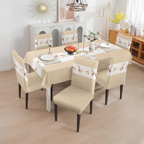 Image of Amazon Basics Dining Table Cover with 6 Chair Covers|Table Cover: 100% Polyester Woven Fabric 140 GSM, 220Cm X 140Cm|Chair Cover: 95% Polyester & 5% Spandex 110 GSM, 50Cm X 40Cm|Cream, Rectangular