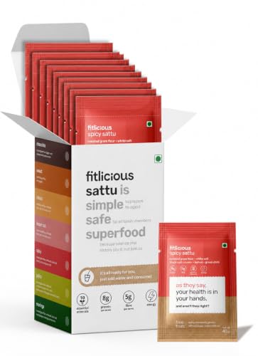 Image of fitlicious Spicy Sattu Powder | Bihari Chana Sattu | Natural & Organic | Gluten-Free, Non-GMO | High Protein & Fiber | Instant PremiX | Healthy Drink For All Ages | Pack Of 10 X 40g Sachets