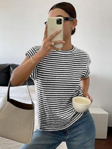 Image of Jawdrobe Women's Striped Western Top Round Neck Cap Sleeve T-Shirt for Women