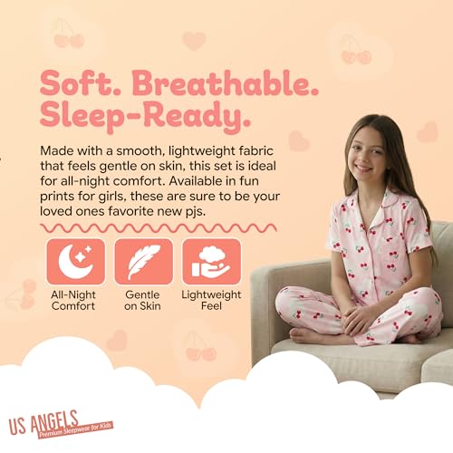Image of US Angels Girls Pajama Set 3 Piece, Short Sleeve Button Down PJs with Shorts & Pants, Soft Sleepwear Girls & Tweens Size 5-16