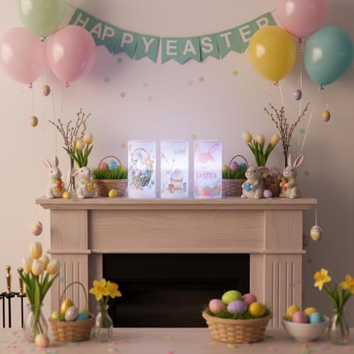 Image of 3PCS Easter Flameless Pillar Candles with Remote Control | Happy Easter Bunny Flower Rabbit Spring LED Candle Battery Operated, Colorful Flame, Long Lasting