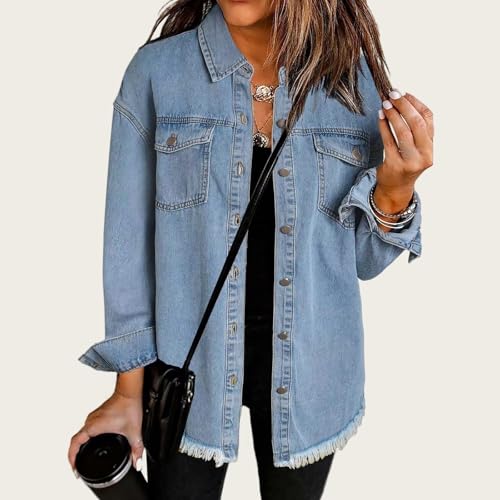 Denim Jacket for Women Oversized Boyfriend Jean Jacket Button Up Frayed Hem Shacket Distressed Ripped Denim Jackets3
