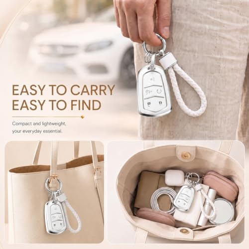 Image of Key Fob Cover for Cadillac, White Braided Loop, Silver Edge
