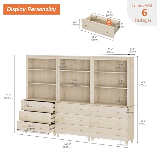 Image of WAMPAT 71 inch Tall Bookcase with 9 Drawers & Open Shelves, 3 Column Modern 3-Tier Bookshelf with Adjustable Shelf, 106 inch Wide Wooden Display Book Shelf for Home Office, Living Room, Bedroom, Light Oak