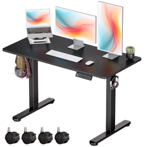 Image of Okin Standing Desk Electric Adjustable Computer Whole Piece Stand up Desk with Wheels Office Gaming Home Office Memory Desks 48x24 inches Black